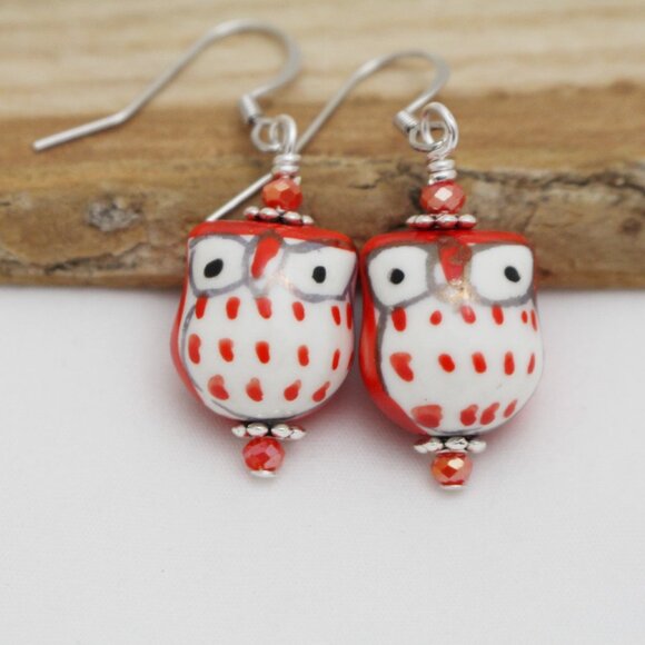 Red Hand Painted Porcelain Owl Beaded Earrings - Handmade & Hypoallergenic - Picture 1 of 8